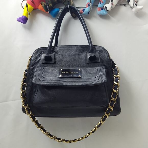 Marc Jacobs Black Leather Pocket Chain Strap Double Handle Satchel Shoulder Bag - Picture 5 of 16
